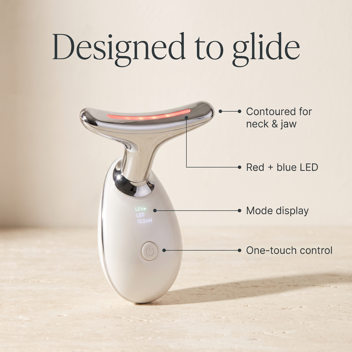 Korvella Sculpt Wand features: contoured head, red and blue LED, mode display, one-touch control